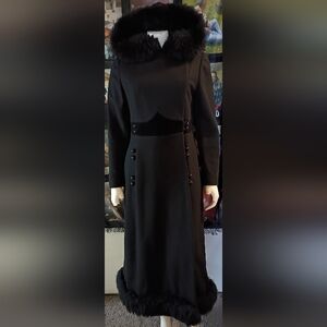 Vintage 60s 70s Coat Sears Black Long faux Fur Trim Hooded Elegant Gothic Rare